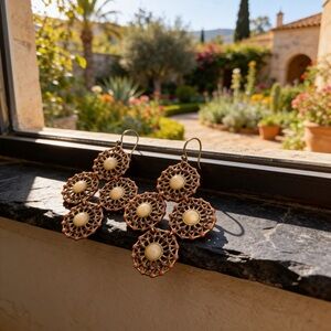 CAbi Elegant Gold Cream Dangle Earrings With Orange And Burgundy Beads
